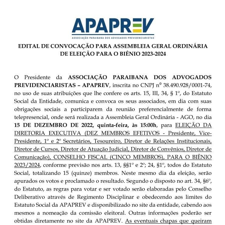 APAPREV publica edital de convocação para Assembleia Geral Ordinária de Eleição para o biênio 2023-2024